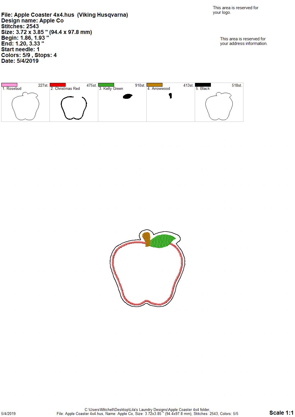 Apple Coaster 4x4 - DIGITAL Embroidery DESIGN