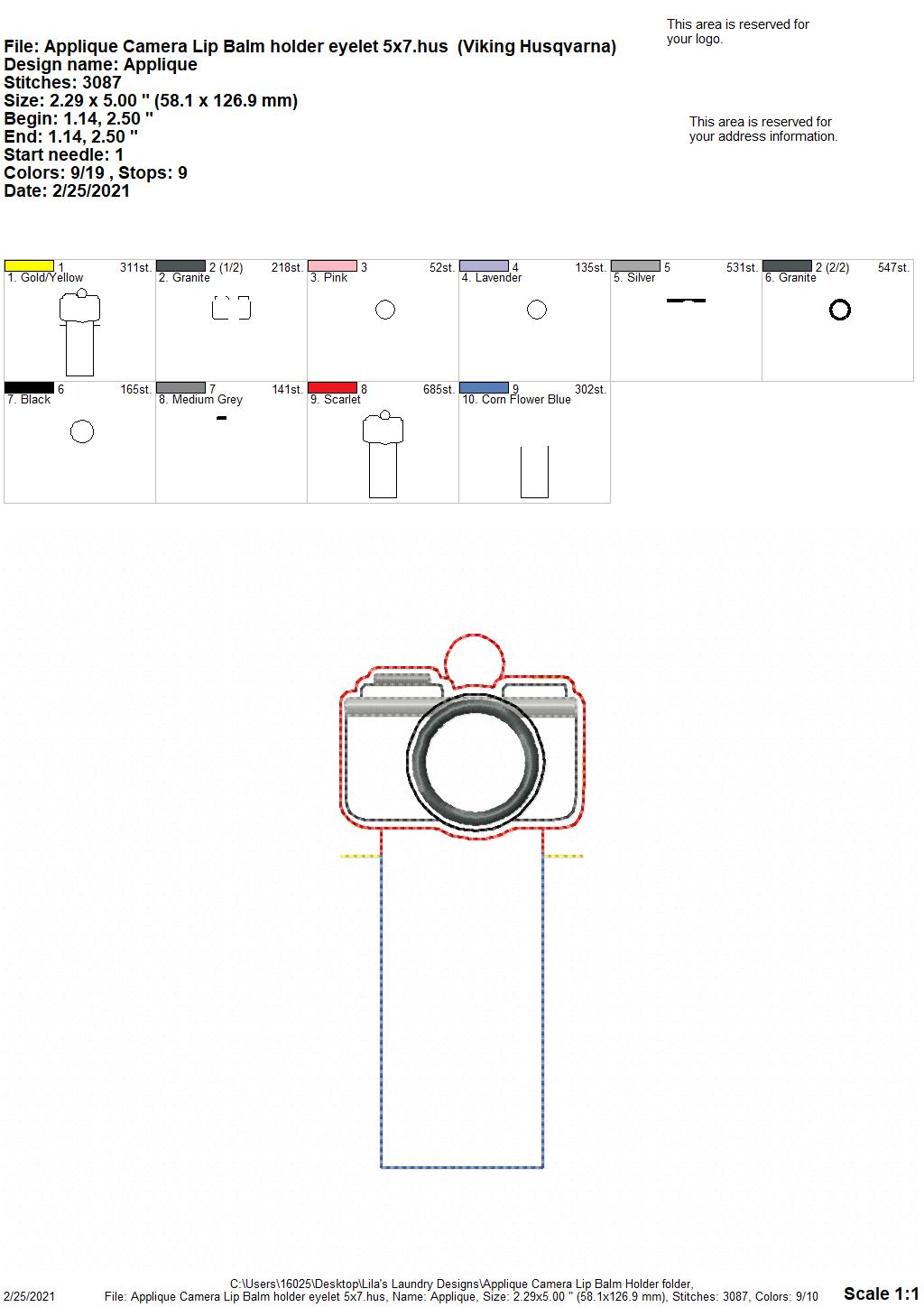 Applique Camera Lip Balm Holders 5x7 - DIGITAL Embroidery DESIGN