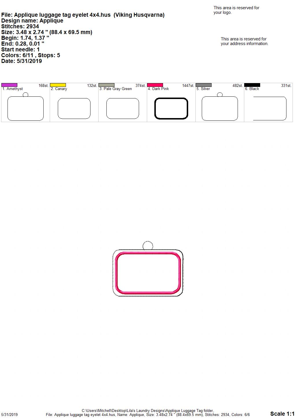 Applique ID holder/luggage tag - DIGITAL Embroidery design