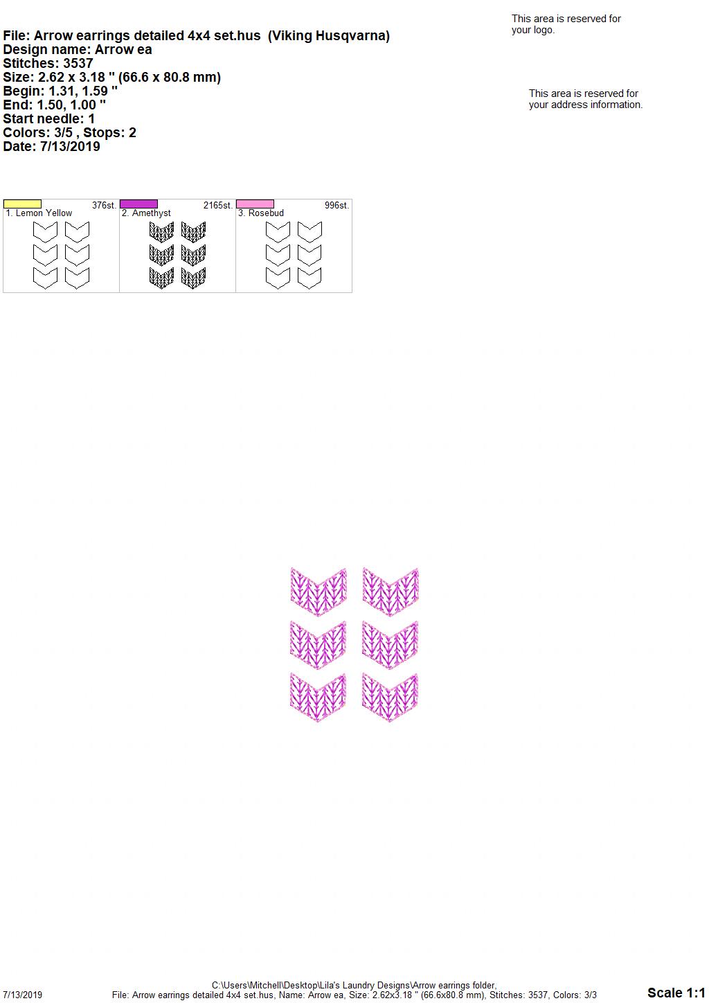 Arrow End Earrings - 4x4 and 5x7 Grouped- Digital Embroidery Design