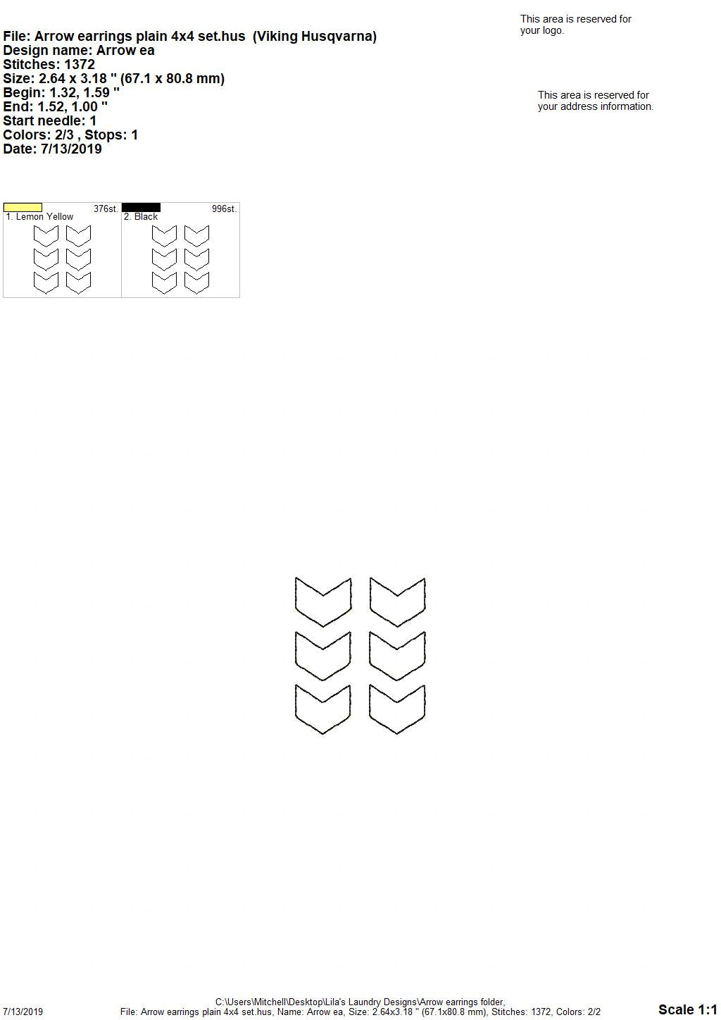 Arrow End Earrings - 4x4 and 5x7 Grouped- Digital Embroidery Design