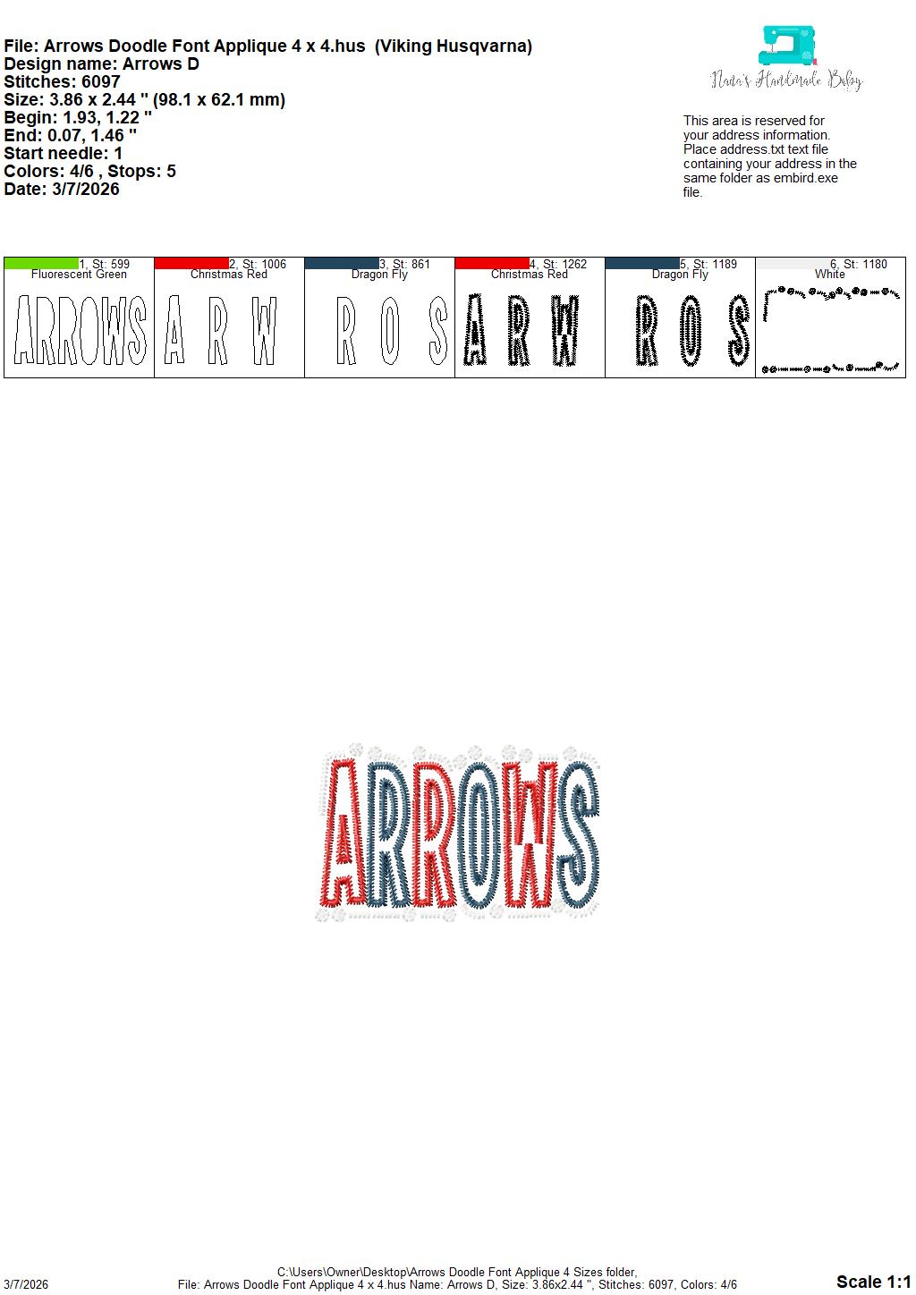 Arrows Doodle Font Applique – 4 x 4, 5 x 7, 6 x 10 and 8 x 12 – DIGITAL Embroidery Design