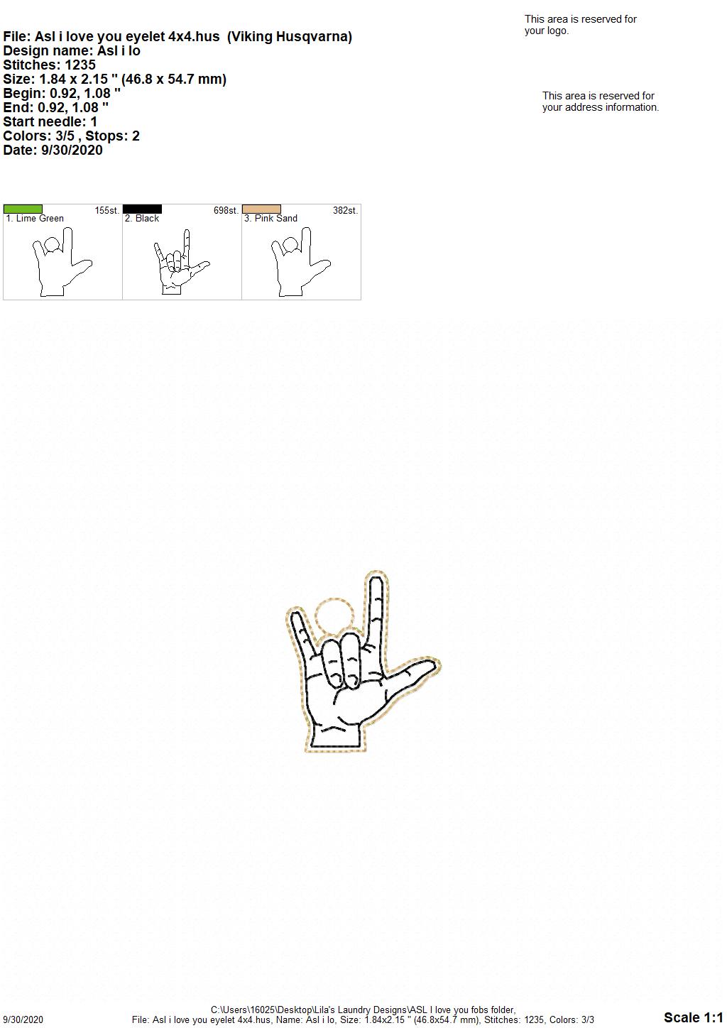 ASL I Love You Fobs - DIGITAL Embroidery DESIGN