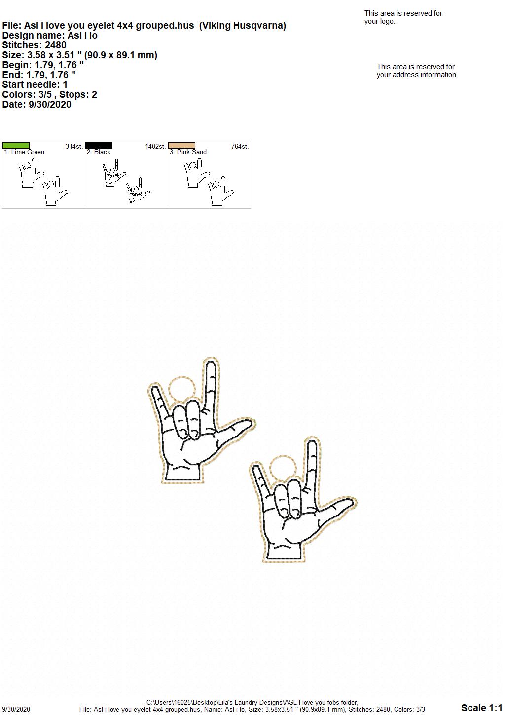 ASL I Love You Fobs - DIGITAL Embroidery DESIGN