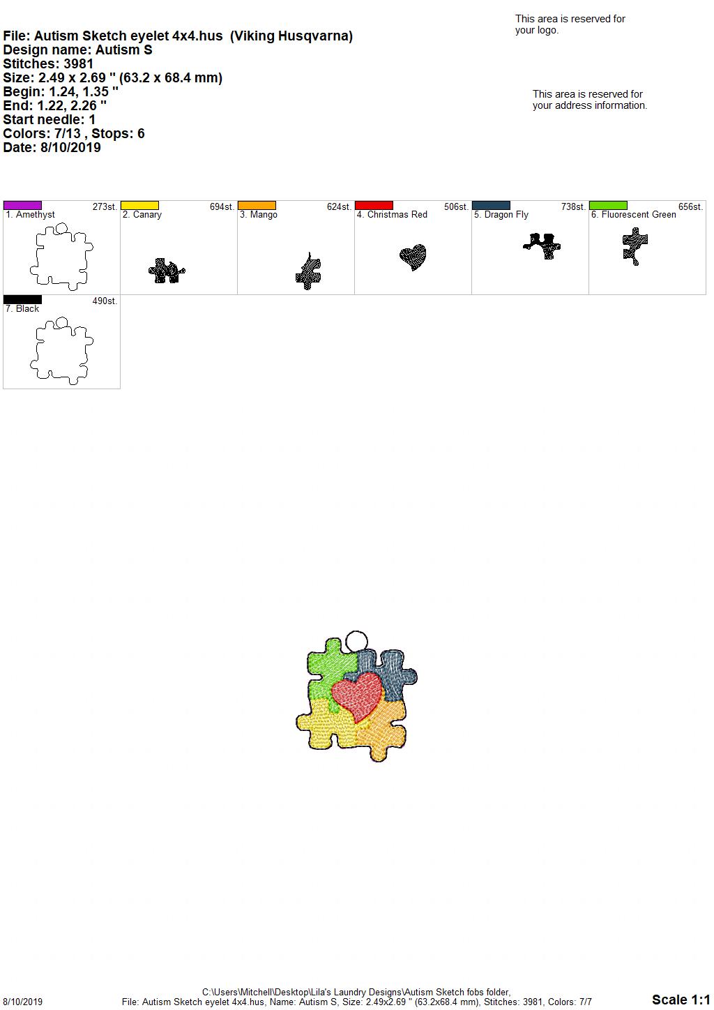 Autism Awareness Sketch Fobs - Digital Embroidery Design