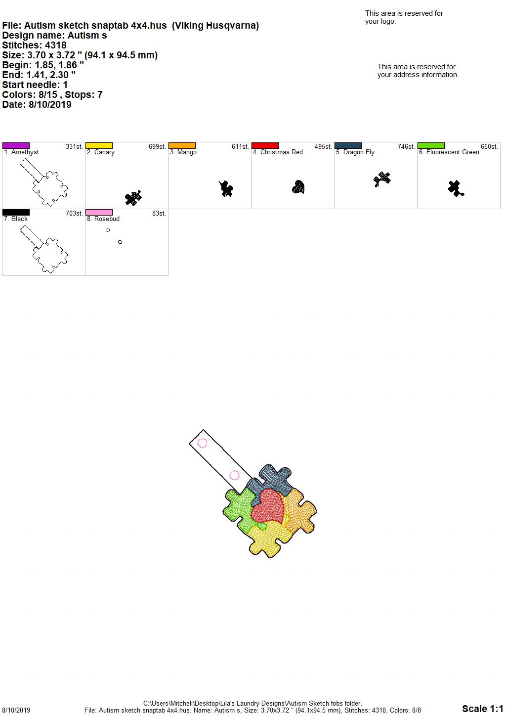Autism Awareness Sketch Fobs - Digital Embroidery Design
