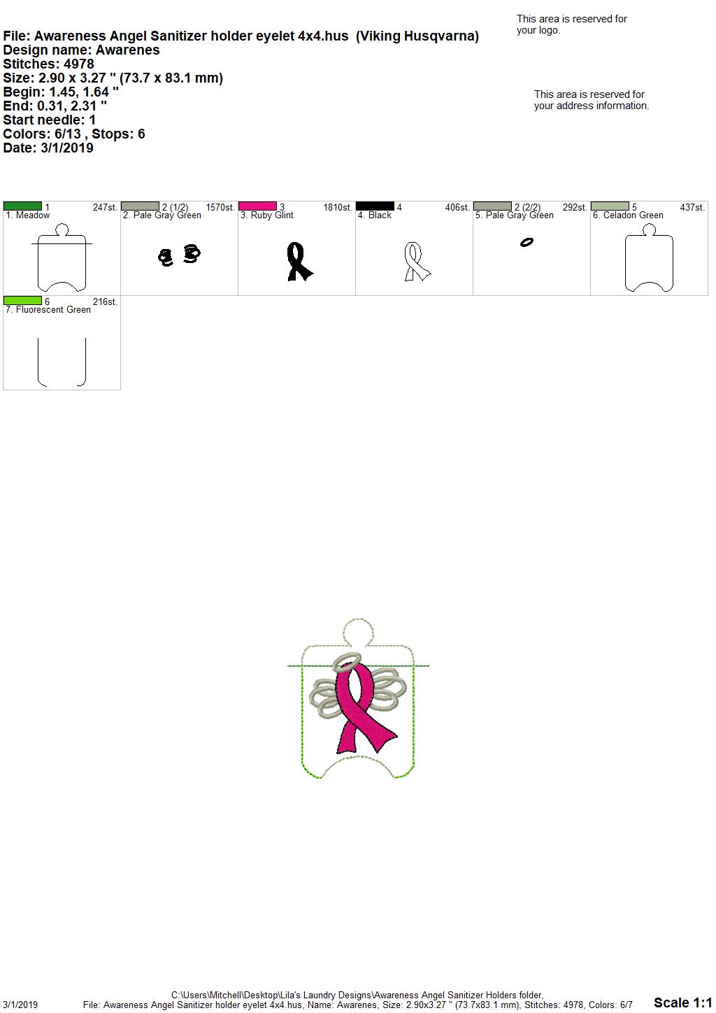 Awareness Angel Ribbon Sanitizer Holder - Embroidery Design - DIGITAL Embroidery DESIGN
