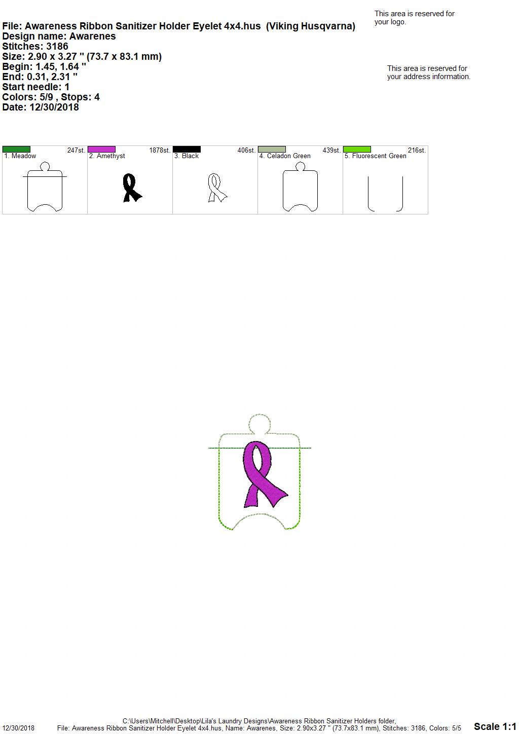 Awareness Ribbon Sanitizer Holder 4x4 and 5x7 included- Embroidery Design - DIGITAL Embroidery DESIGN