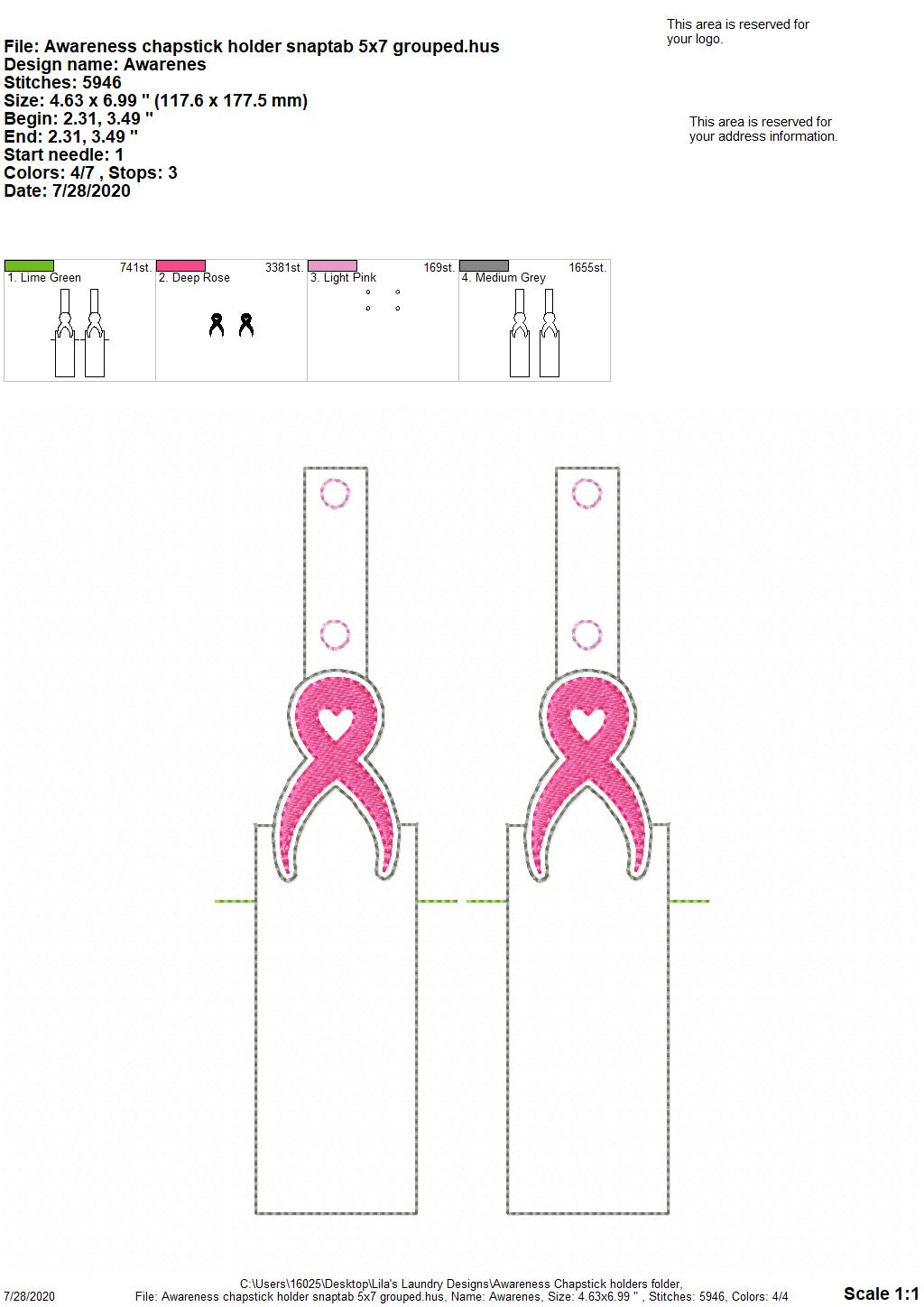 Awareness Ribbon Chapstick Holders 5x7 - DIGITAL Embroidery DESIGN