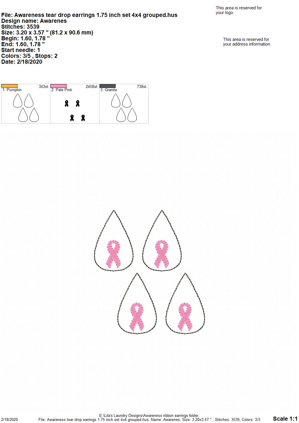 Awareness Ribbon Tear Drop Earrings - 3 sizes - 4x4 and 5x7 Grouped- Digital Embroidery Design