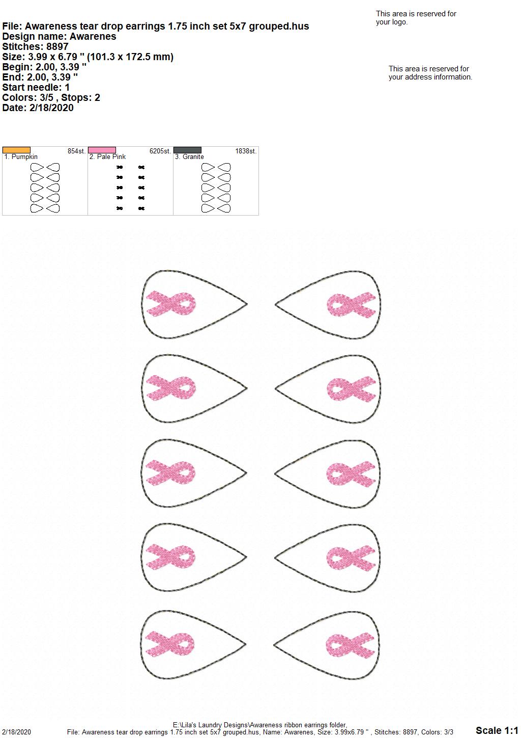 Awareness Ribbon Tear Drop Earrings - 3 sizes - 4x4 and 5x7 Grouped- Digital Embroidery Design