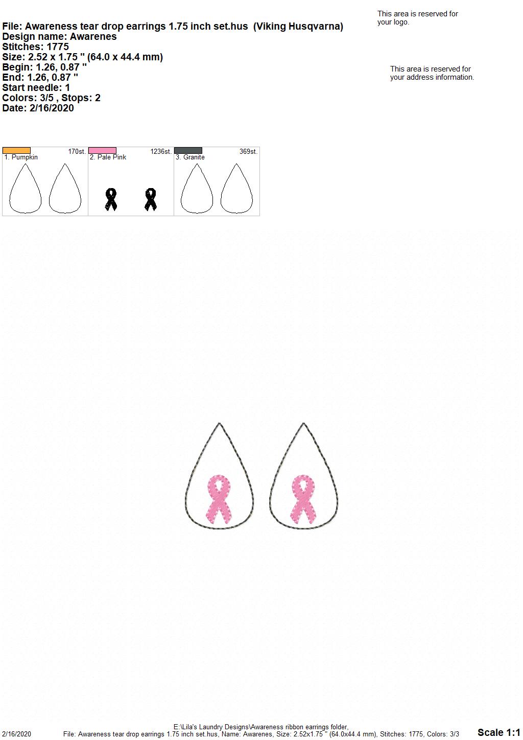 Awareness Ribbon Tear Drop Earrings - 3 sizes - 4x4 and 5x7 Grouped- Digital Embroidery Design