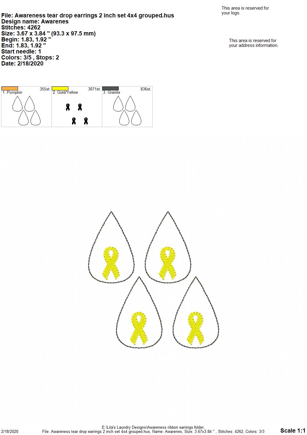 Awareness Ribbon Tear Drop Earrings - 3 sizes - 4x4 and 5x7 Grouped- Digital Embroidery Design
