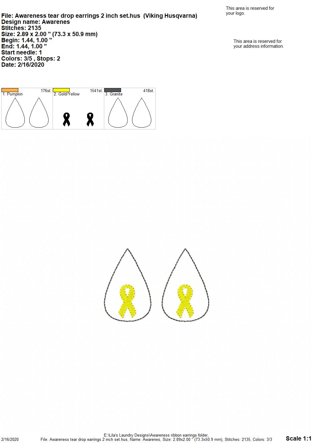 Awareness Ribbon Tear Drop Earrings - 3 sizes - 4x4 and 5x7 Grouped- Digital Embroidery Design