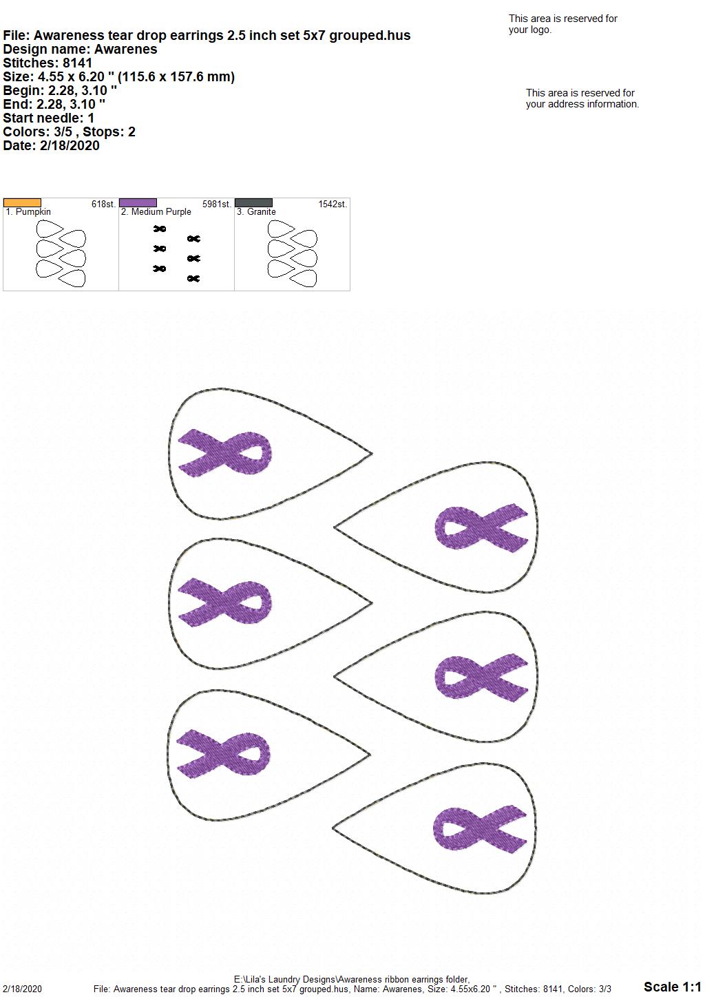 Awareness Ribbon Tear Drop Earrings - 3 sizes - 4x4 and 5x7 Grouped- Digital Embroidery Design