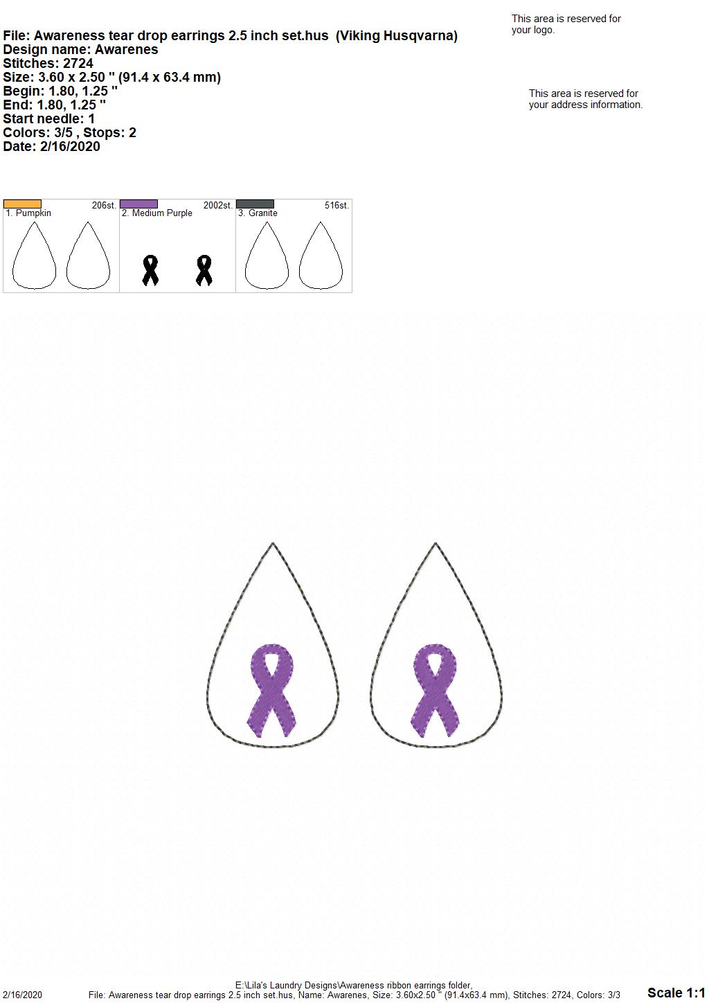 Awareness Ribbon Tear Drop Earrings - 3 sizes - 4x4 and 5x7 Grouped- Digital Embroidery Design