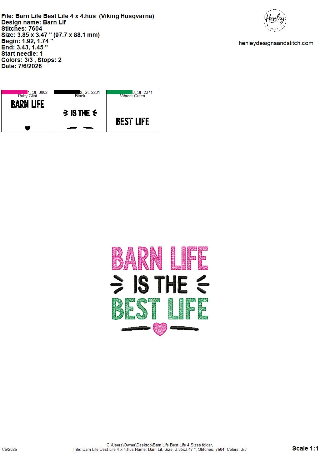 Barn Life is the BEST Life – 4 x 4, 5 x 7, 6 x 10 and 8 x 12 – DIGITAL Embroidery Design