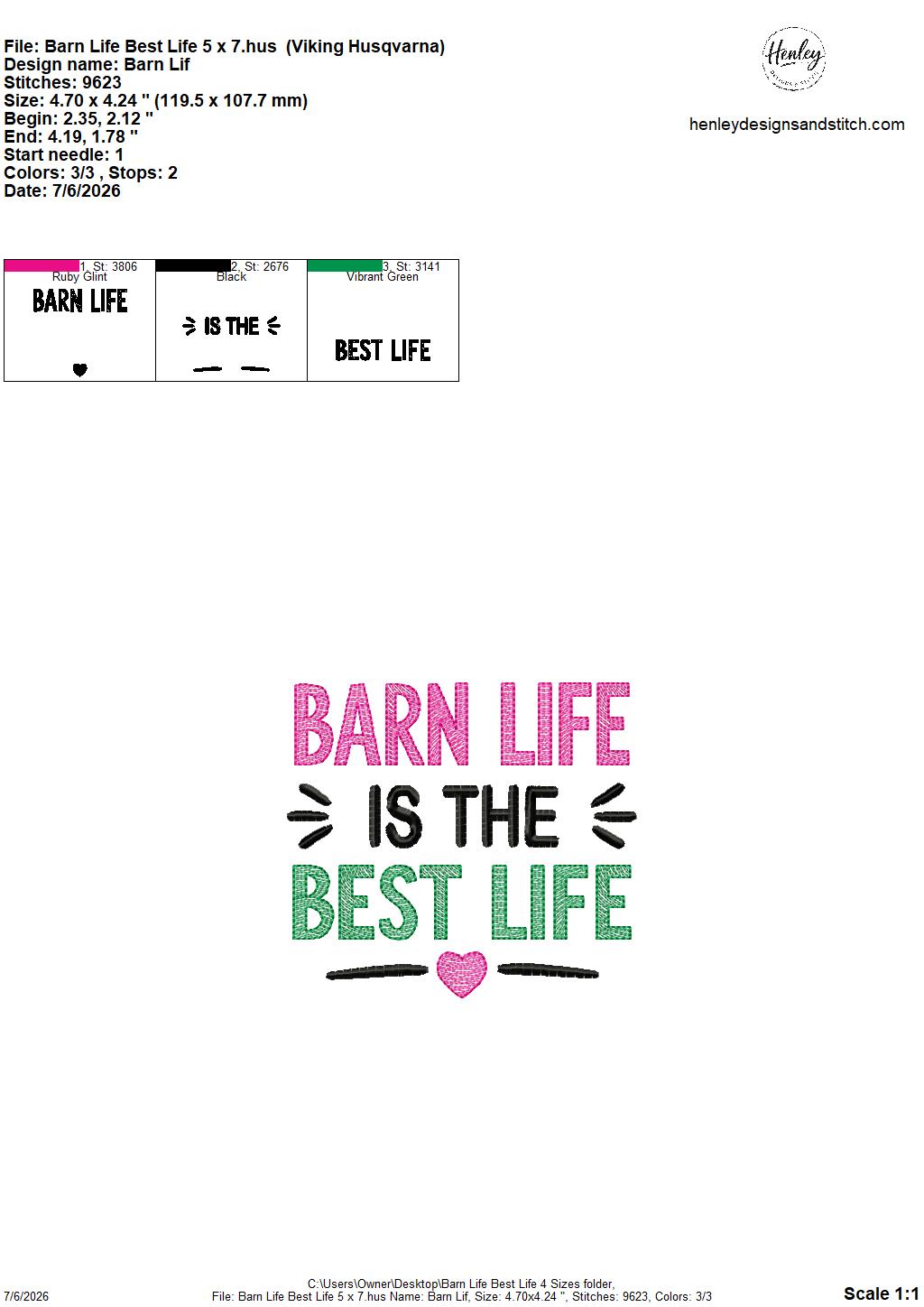 Barn Life is the BEST Life – 4 x 4, 5 x 7, 6 x 10 and 8 x 12 – DIGITAL Embroidery Design