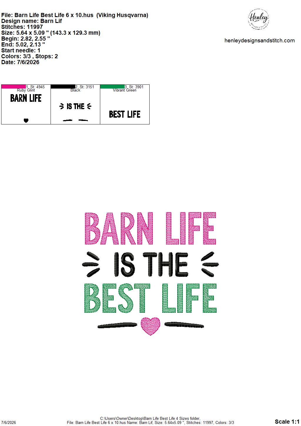 Barn Life is the BEST Life – 4 x 4, 5 x 7, 6 x 10 and 8 x 12 – DIGITAL Embroidery Design