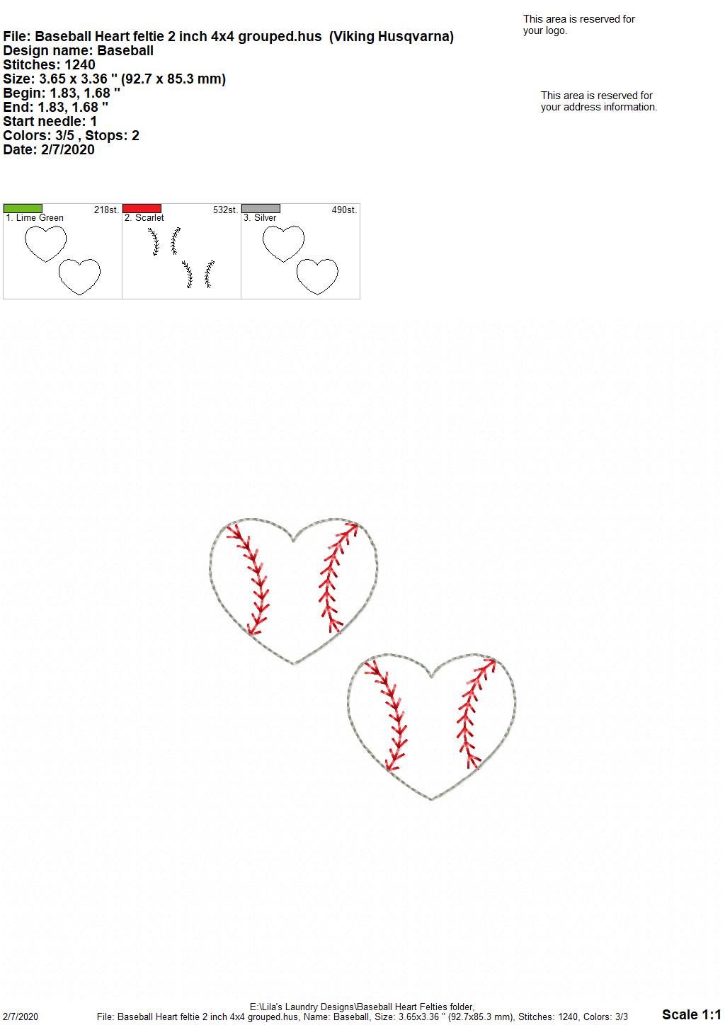 Baseball Heart Felties - 3 sizes - Digital Embroidery Design