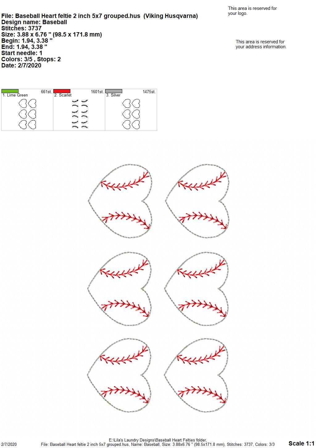 Baseball Heart Felties - 3 sizes - Digital Embroidery Design