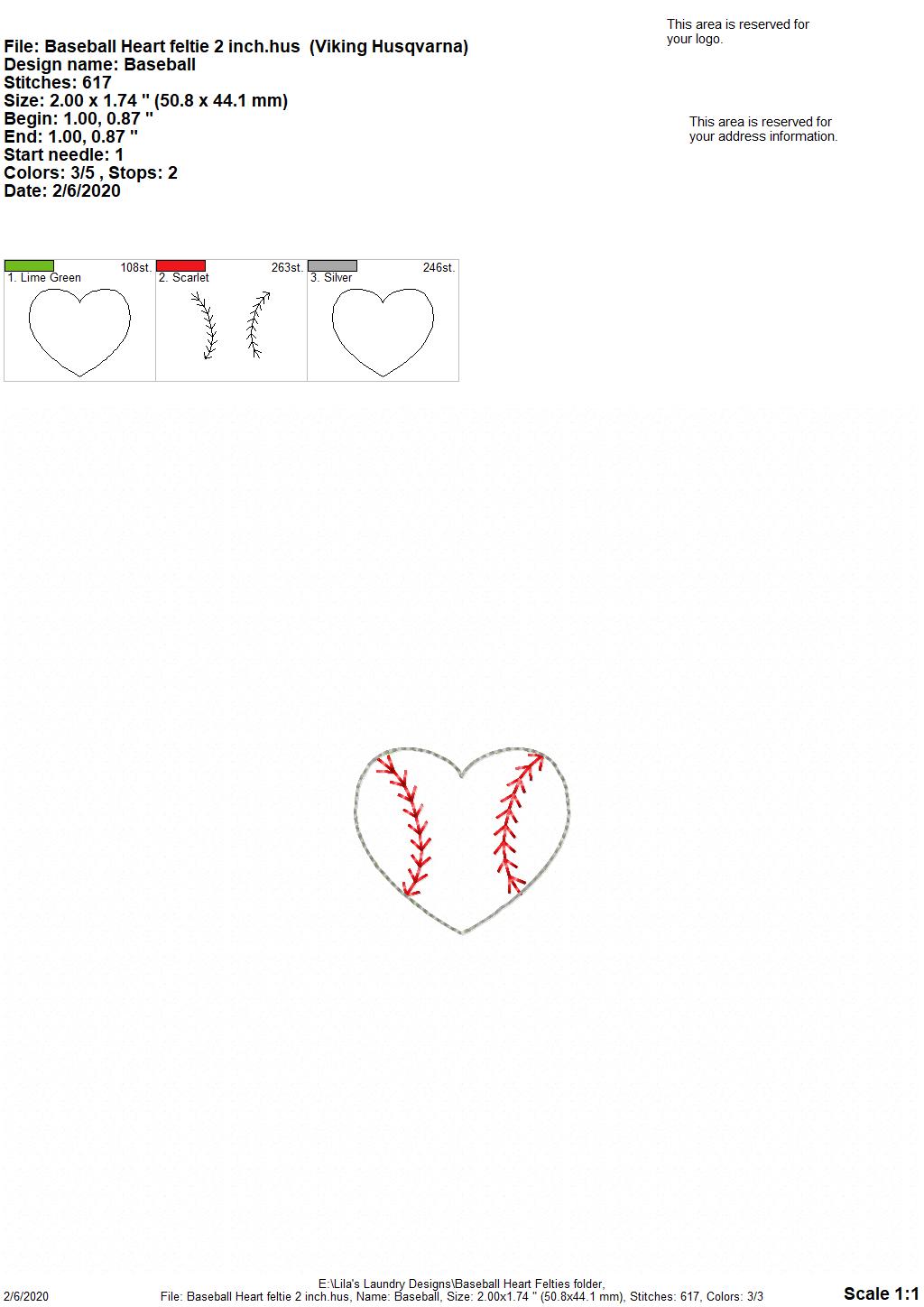 Baseball Heart Felties - 3 sizes - Digital Embroidery Design
