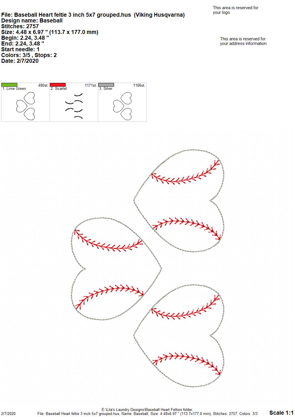 Baseball Heart Felties - 3 sizes - Digital Embroidery Design