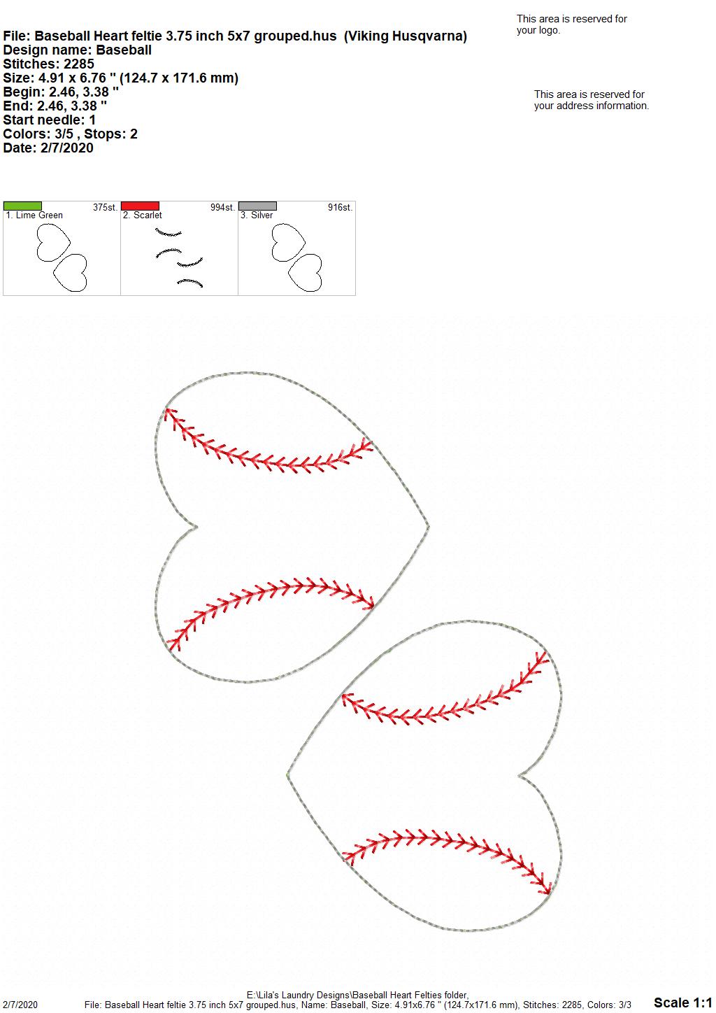 Baseball Heart Felties - 3 sizes - Digital Embroidery Design