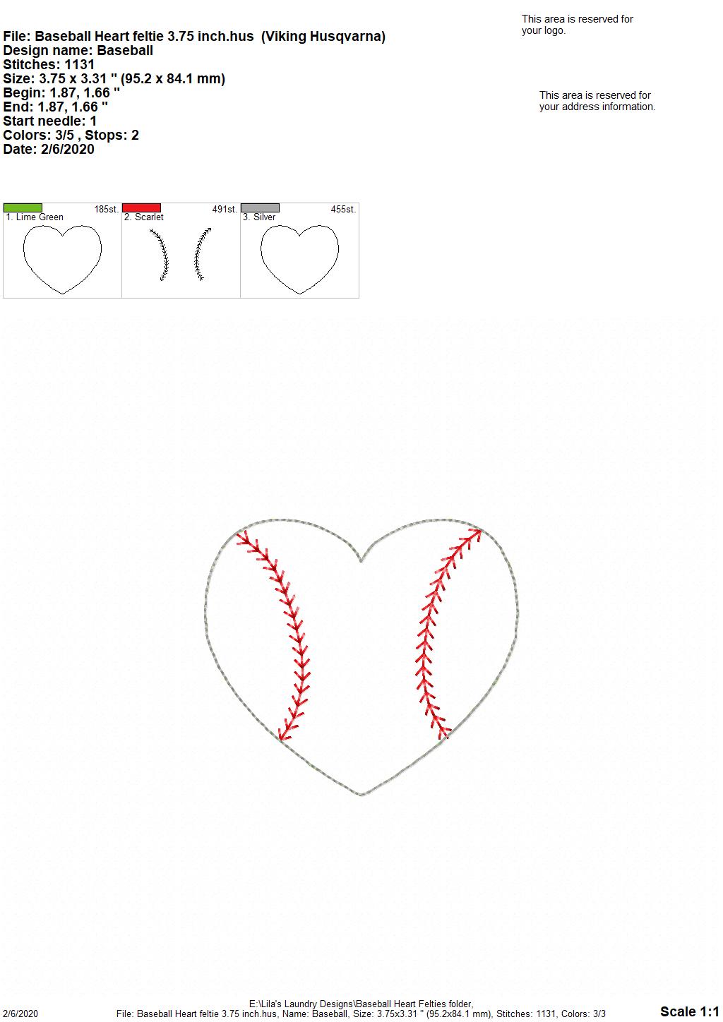 Baseball Heart Felties - 3 sizes - Digital Embroidery Design