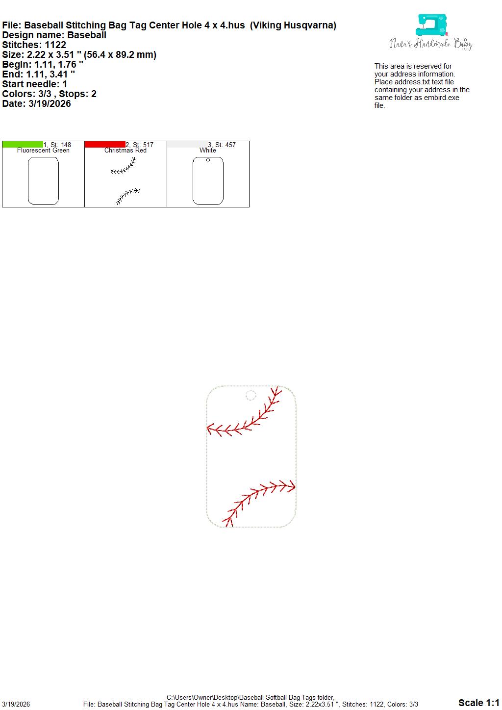 Baseball Softball Stitching Bag Tag – 3 Styles Included – Digital Embroidery Design