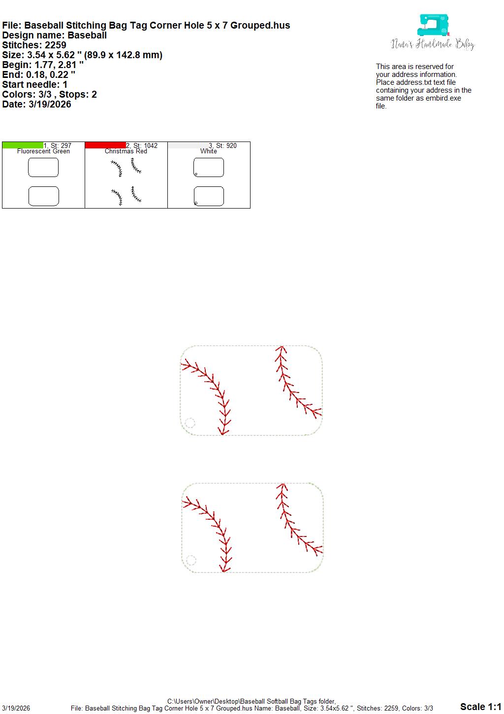 Baseball Softball Stitching Bag Tag – 3 Styles Included – Digital Embroidery Design