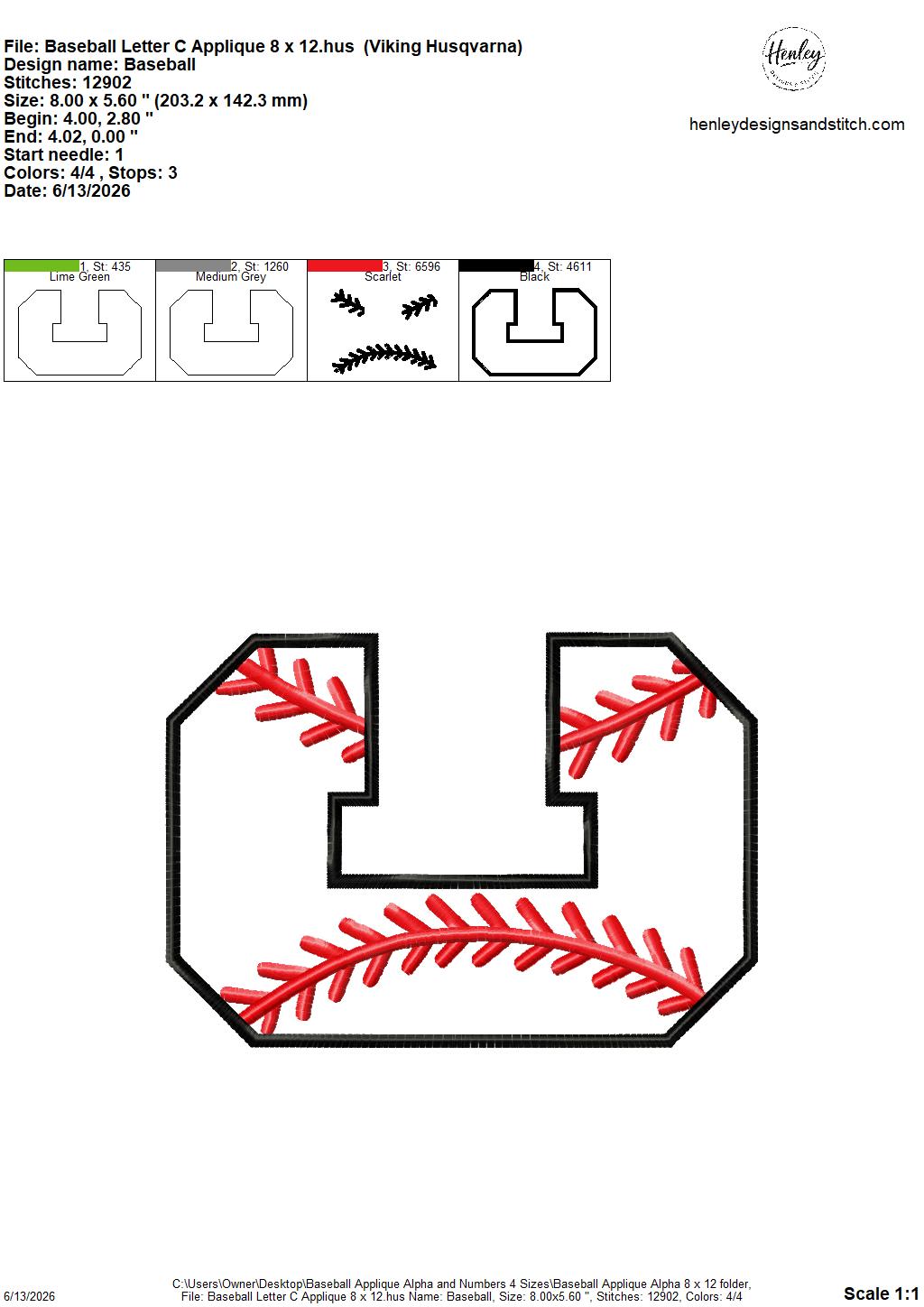 Baseball Stitching Applique Alpha and Numbers – 4 x 4, 5 x 7, 6 x 10 and 8 x 12 – DIGITAL Embroidery Design