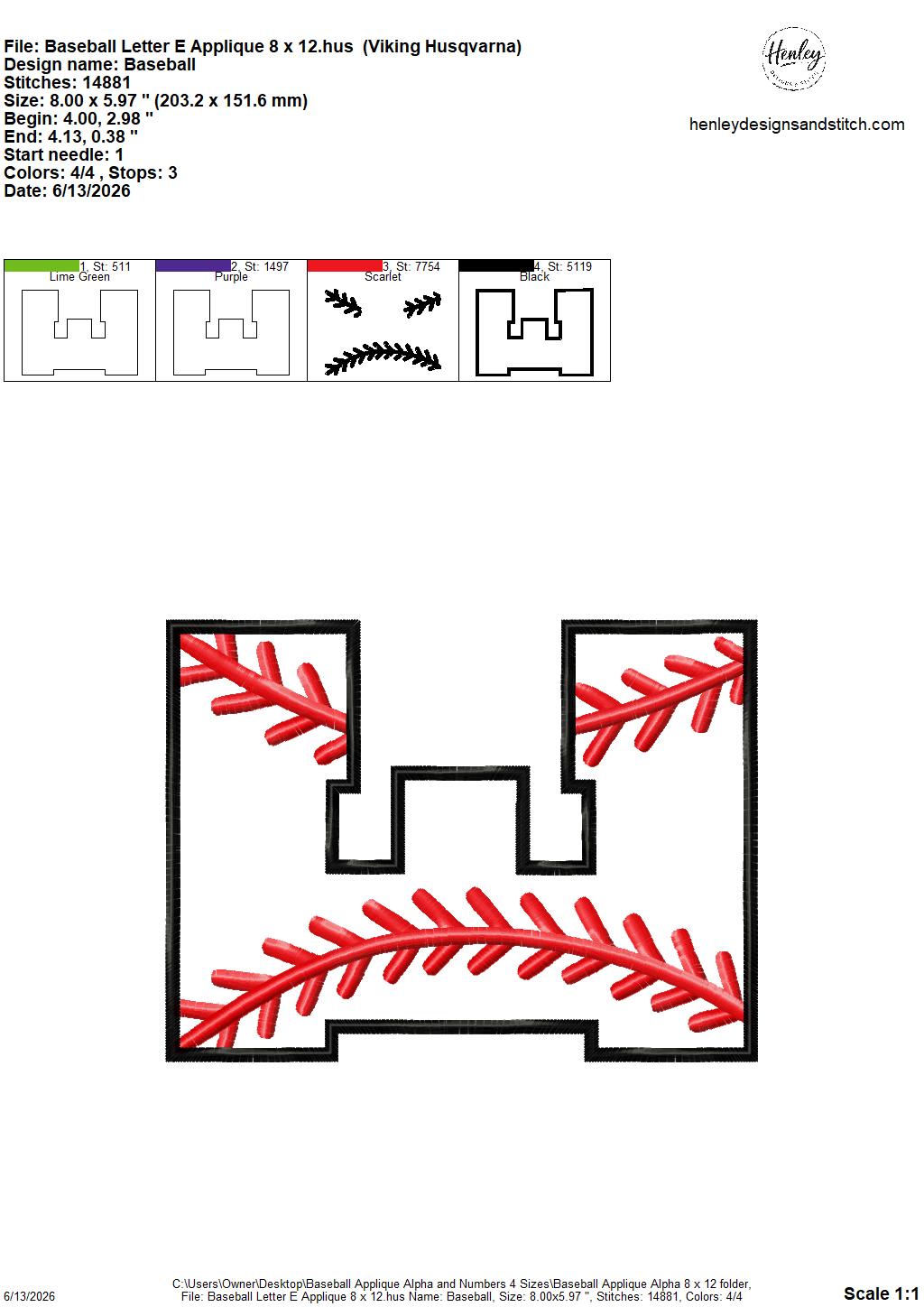 Baseball Stitching Applique Alpha and Numbers – 4 x 4, 5 x 7, 6 x 10 and 8 x 12 – DIGITAL Embroidery Design