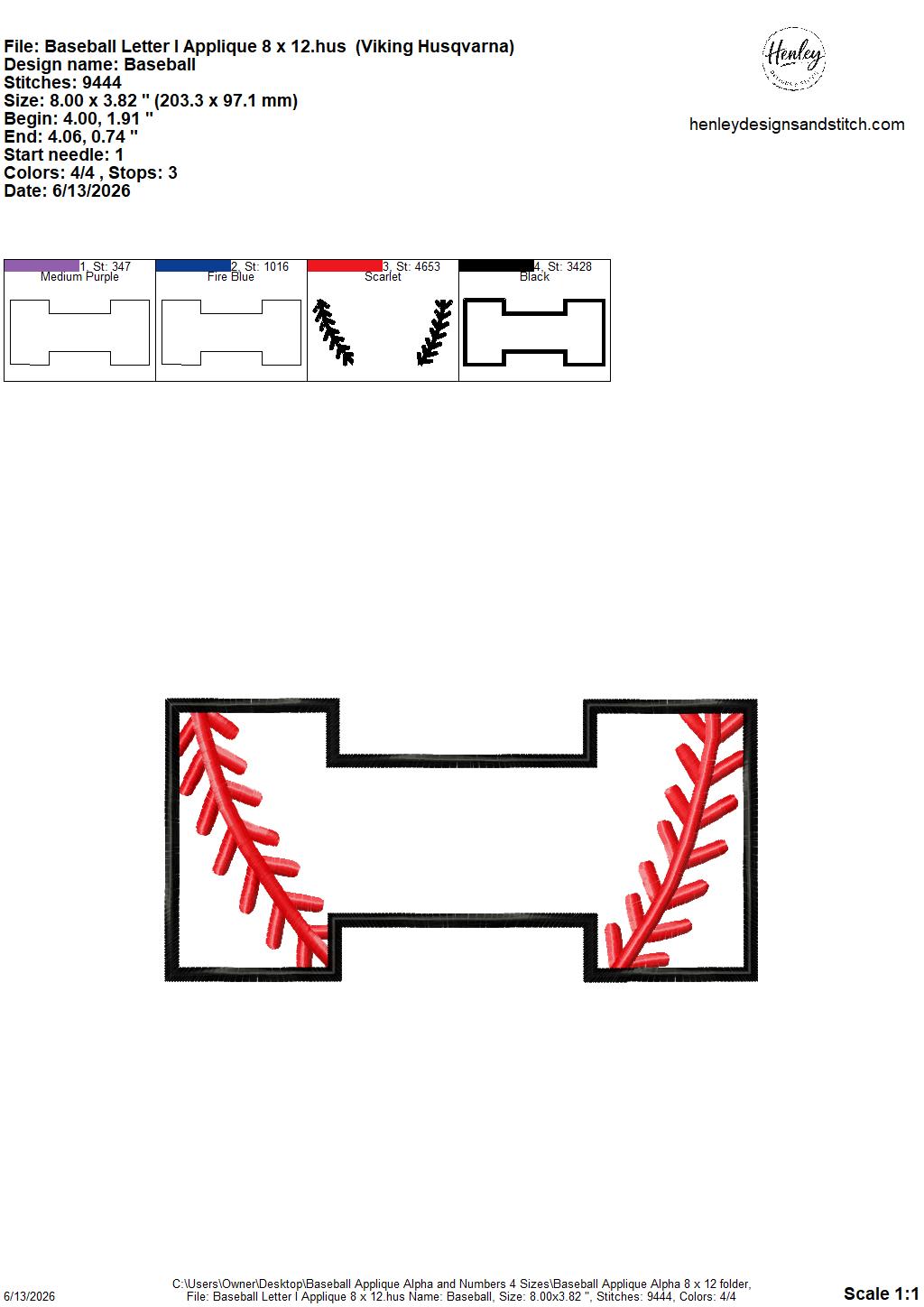 Baseball Stitching Applique Alpha and Numbers – 4 x 4, 5 x 7, 6 x 10 and 8 x 12 – DIGITAL Embroidery Design