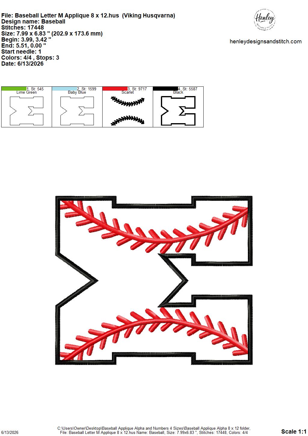 Baseball Stitching Applique Alpha and Numbers – 4 x 4, 5 x 7, 6 x 10 and 8 x 12 – DIGITAL Embroidery Design