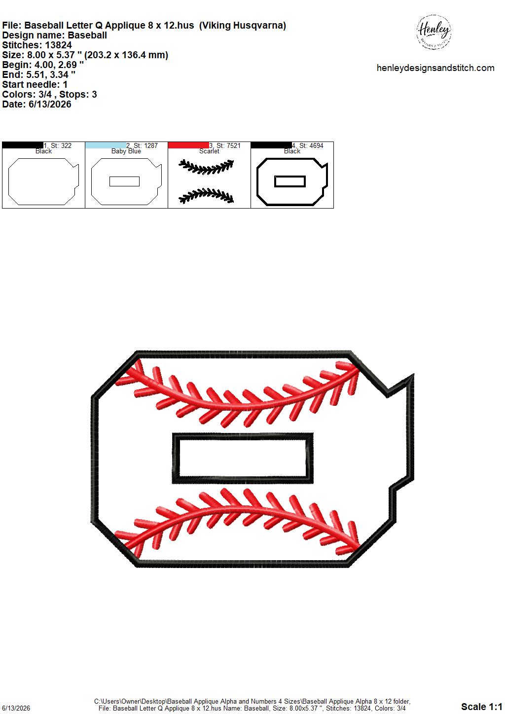 Baseball Stitching Applique Alpha and Numbers – 4 x 4, 5 x 7, 6 x 10 and 8 x 12 – DIGITAL Embroidery Design