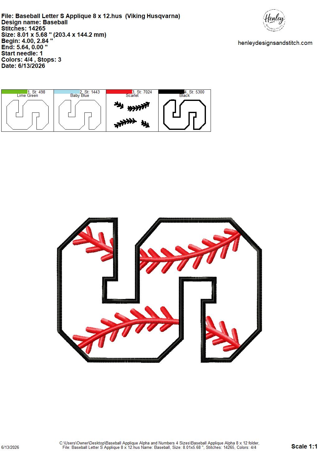Baseball Stitching Applique Alpha and Numbers – 4 x 4, 5 x 7, 6 x 10 and 8 x 12 – DIGITAL Embroidery Design