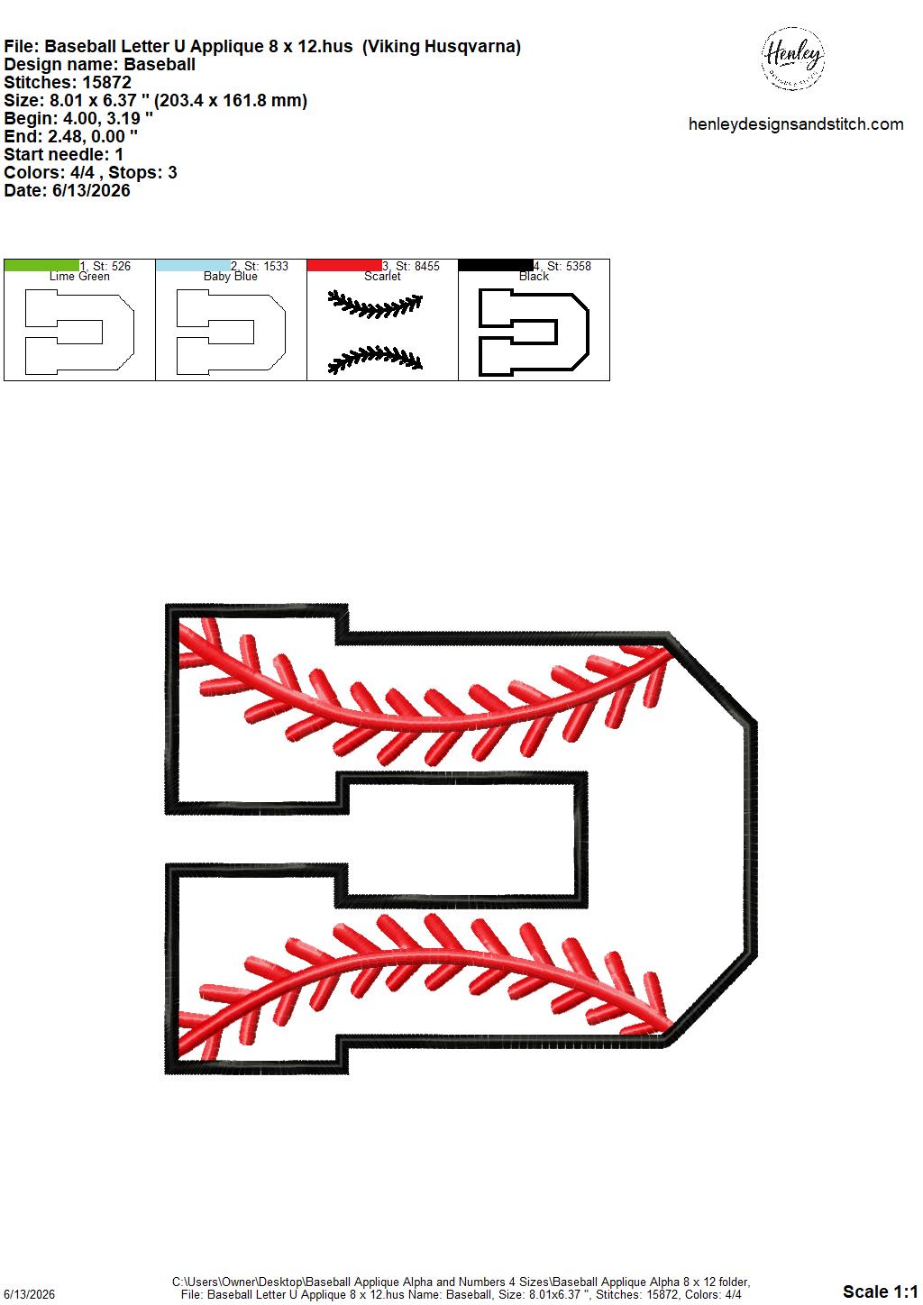 Baseball Stitching Applique Alpha and Numbers – 4 x 4, 5 x 7, 6 x 10 and 8 x 12 – DIGITAL Embroidery Design
