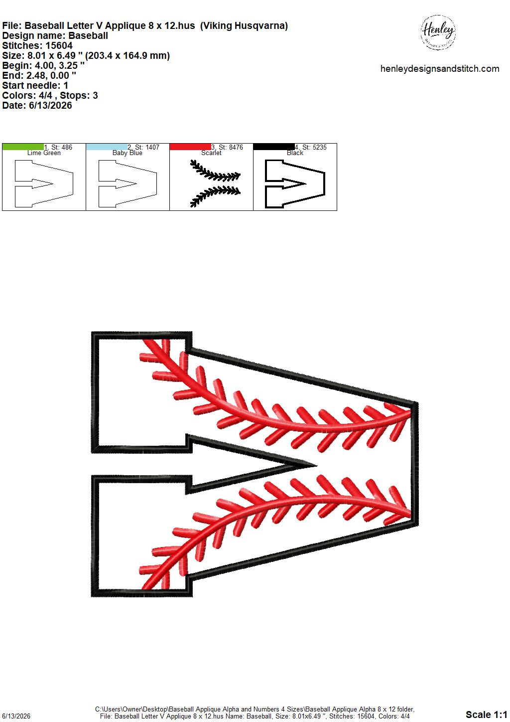 Baseball Stitching Applique Alpha and Numbers – 4 x 4, 5 x 7, 6 x 10 and 8 x 12 – DIGITAL Embroidery Design