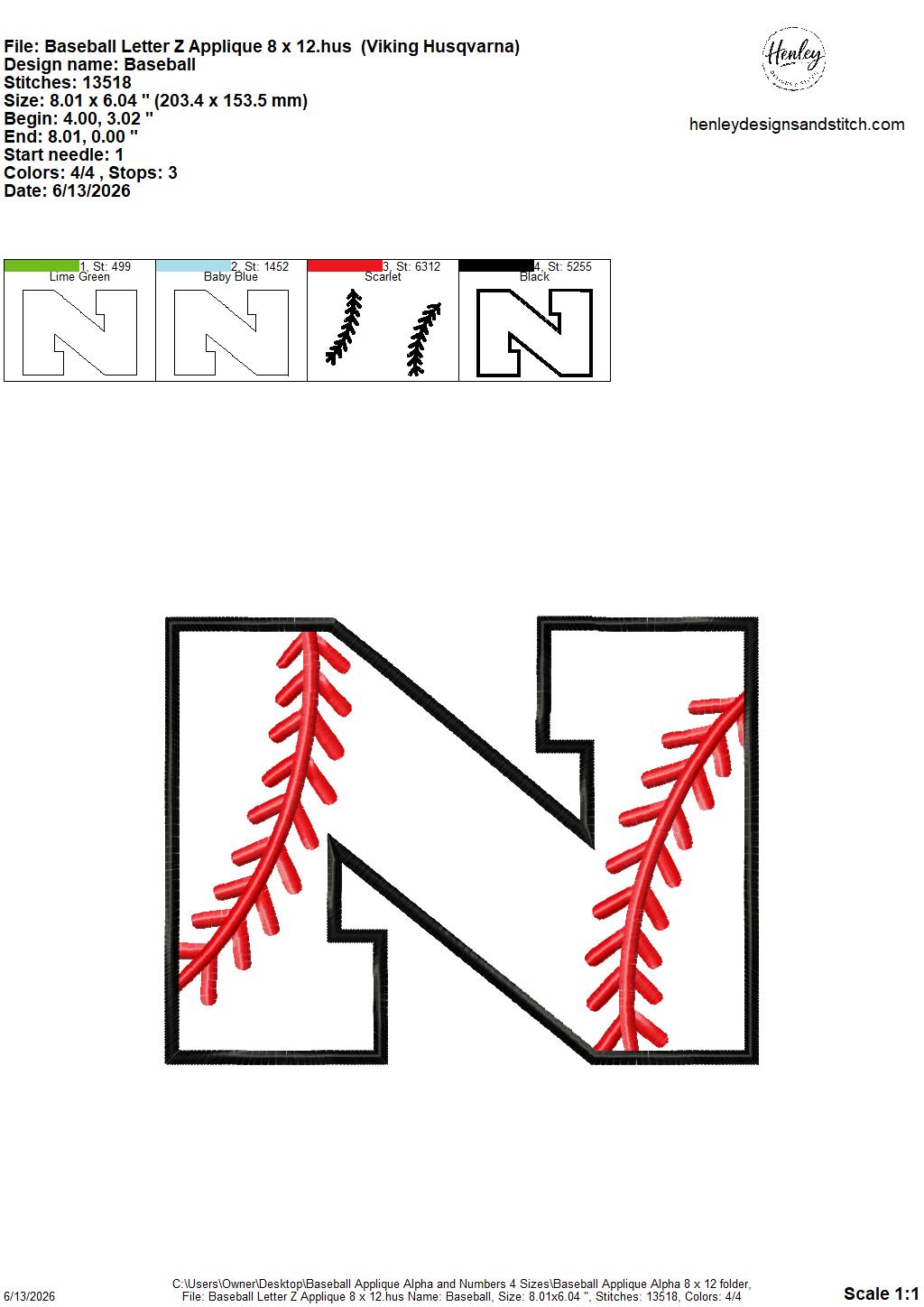 Baseball Stitching Applique Alpha and Numbers – 4 x 4, 5 x 7, 6 x 10 and 8 x 12 – DIGITAL Embroidery Design