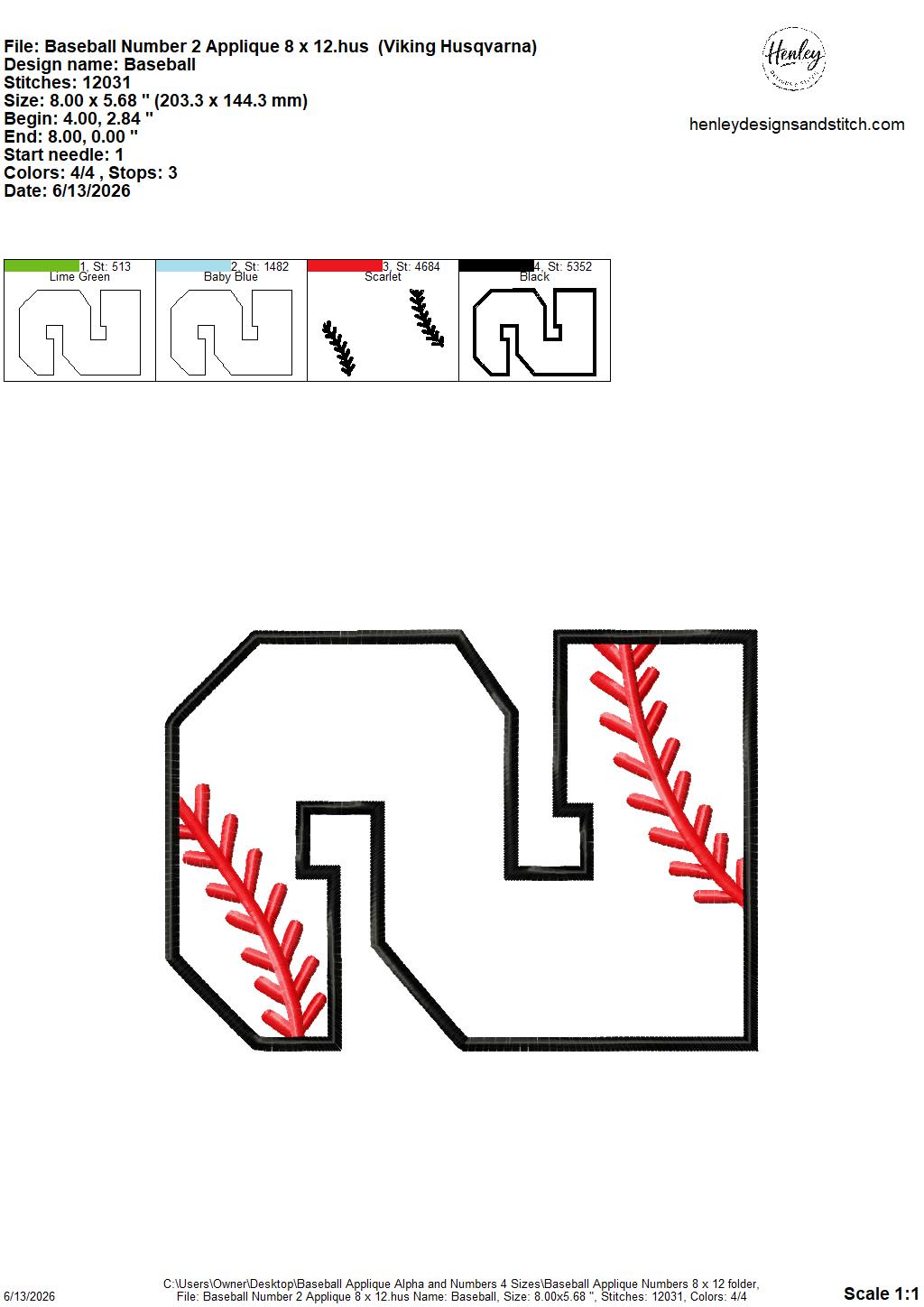 Baseball Stitching Applique Alpha and Numbers – 4 x 4, 5 x 7, 6 x 10 and 8 x 12 – DIGITAL Embroidery Design