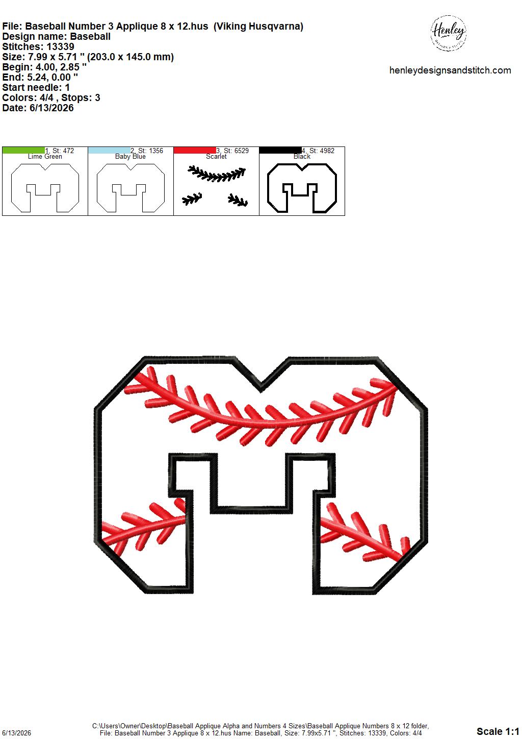 Baseball Stitching Applique Alpha and Numbers – 4 x 4, 5 x 7, 6 x 10 and 8 x 12 – DIGITAL Embroidery Design