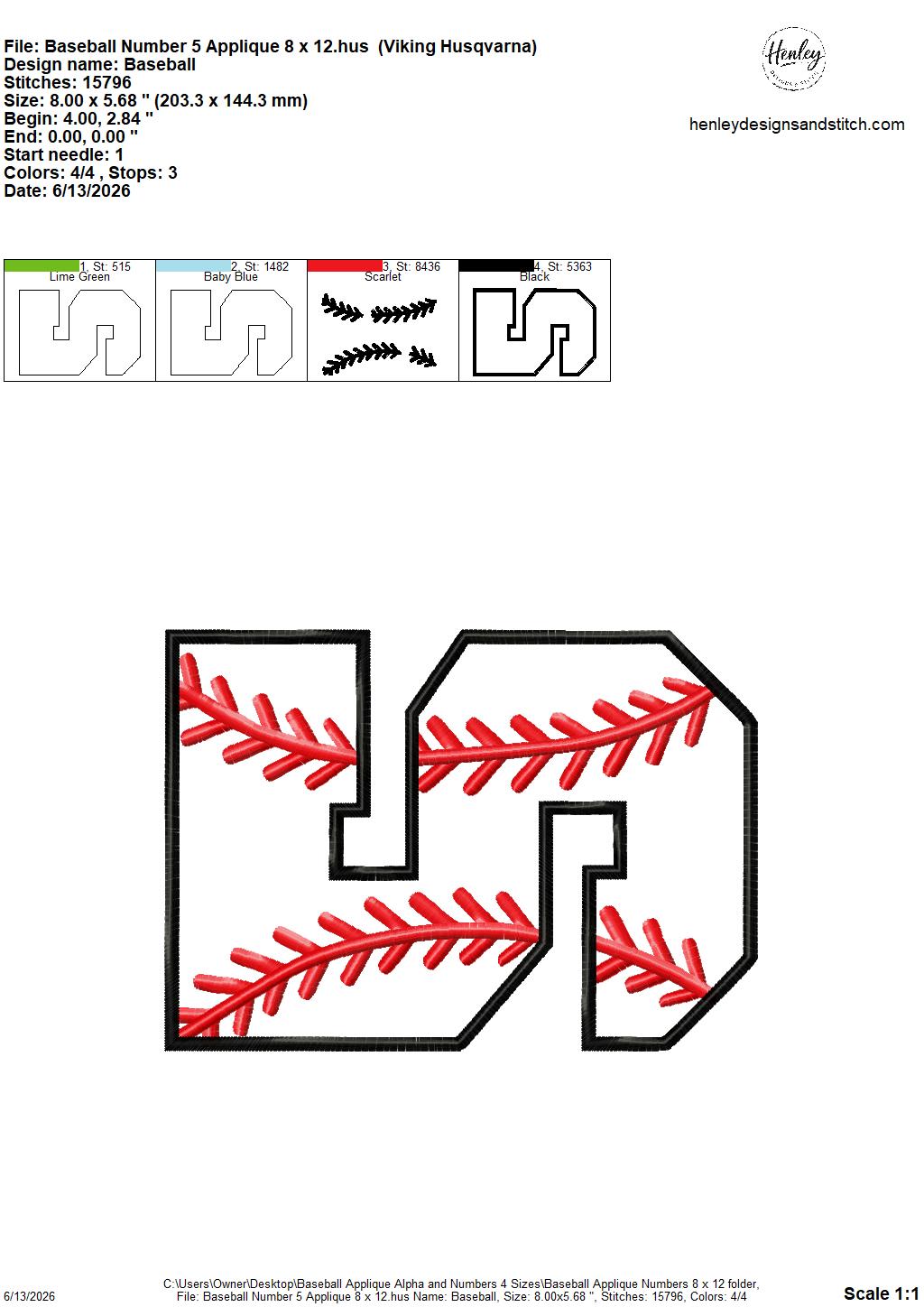 Baseball Stitching Applique Alpha and Numbers – 4 x 4, 5 x 7, 6 x 10 and 8 x 12 – DIGITAL Embroidery Design