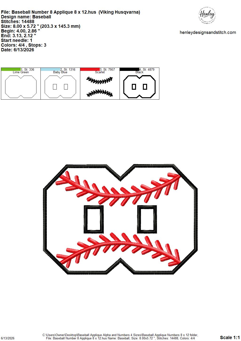Baseball Stitching Applique Alpha and Numbers – 4 x 4, 5 x 7, 6 x 10 and 8 x 12 – DIGITAL Embroidery Design