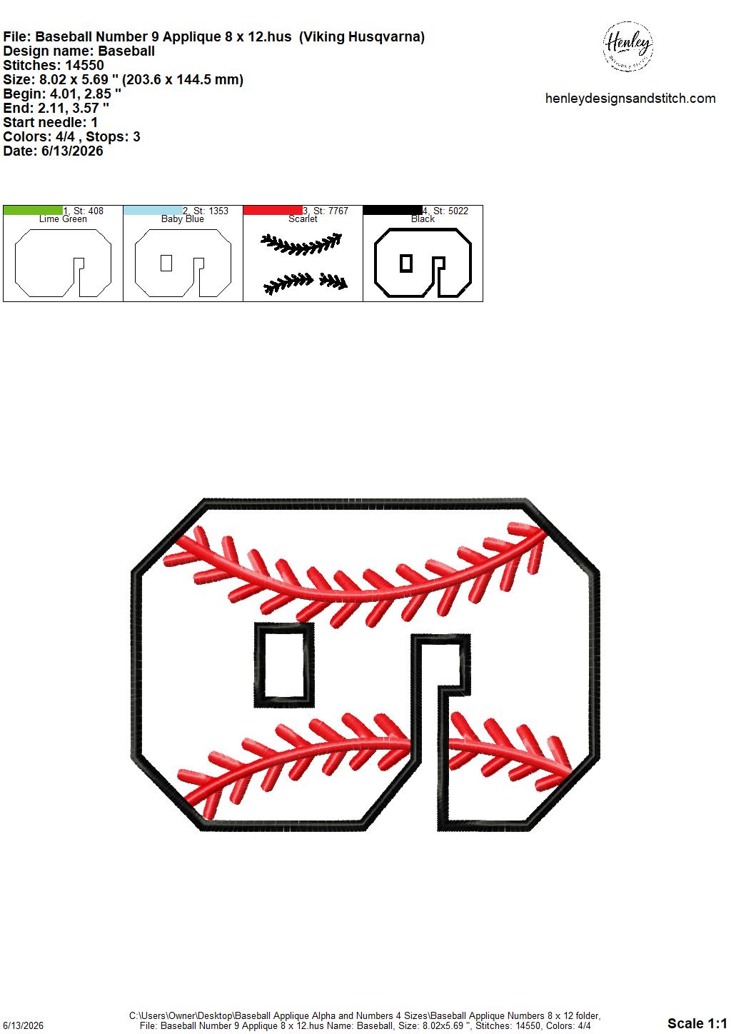Baseball Stitching Applique Alpha and Numbers – 4 x 4, 5 x 7, 6 x 10 and 8 x 12 – DIGITAL Embroidery Design