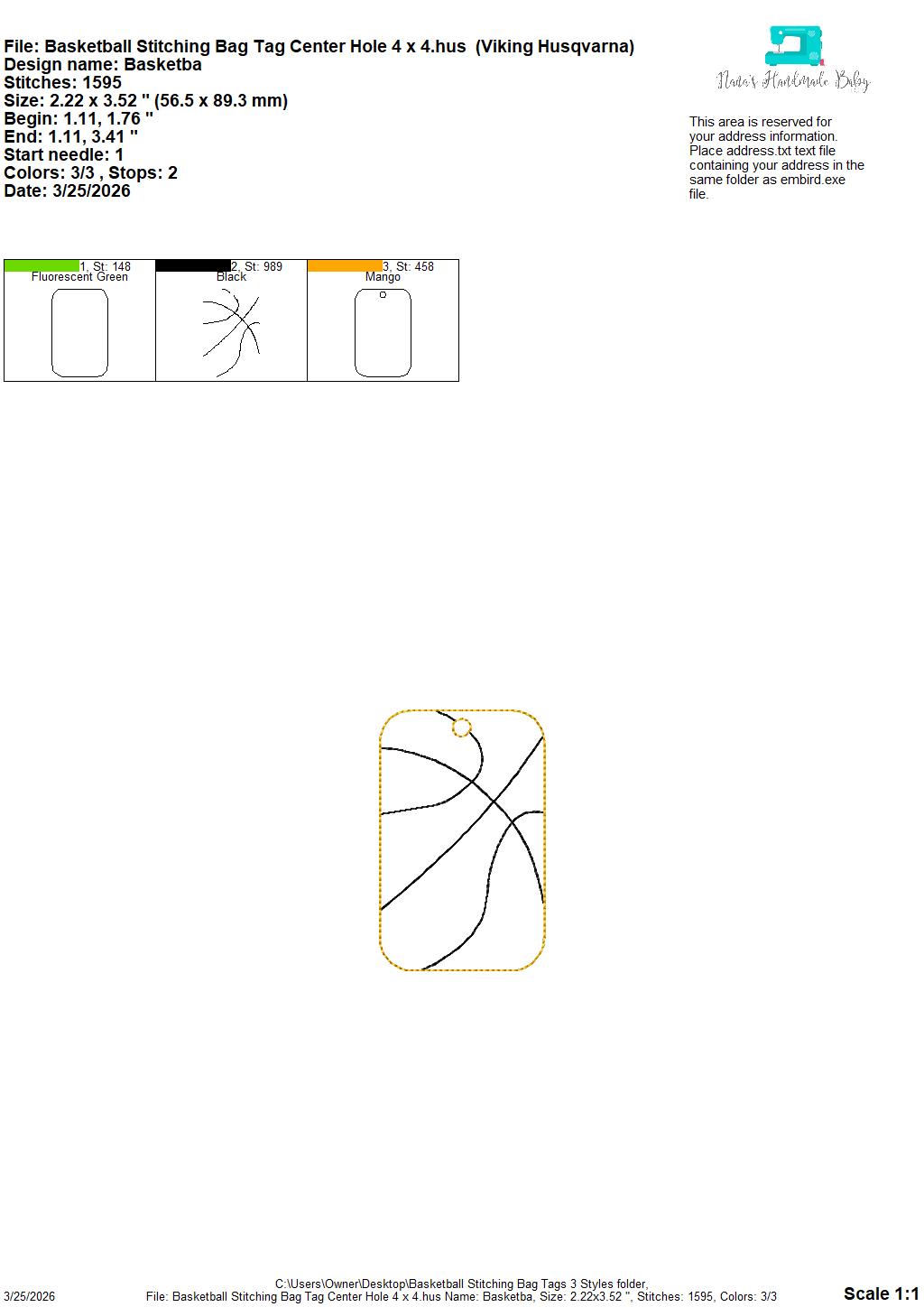 Basketball Stitching Bag Tag – 3 Styles Included – Digital Embroidery Design