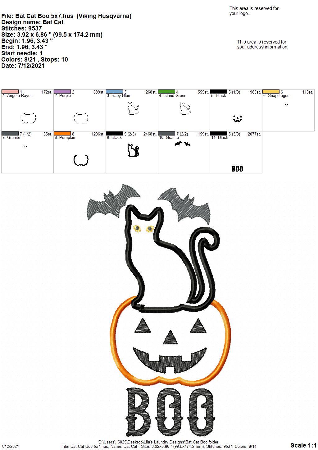 Cat Bat Boo Applique - 3 sizes- Digital Embroidery Design
