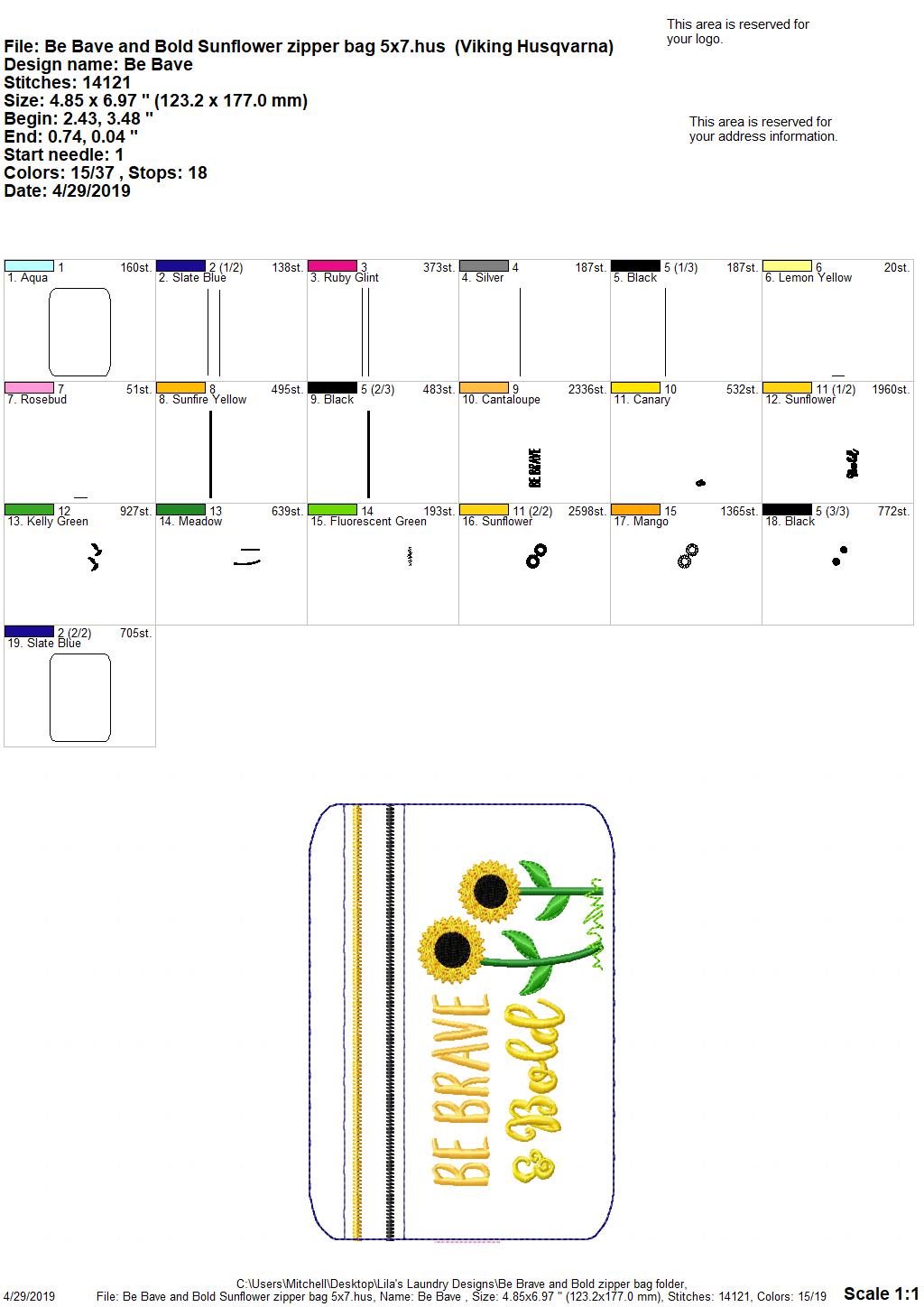 ITH - Be Brave & Bold Sunflower Zipper Bag 5x7 & 6x10 - Digital Embroidery Design