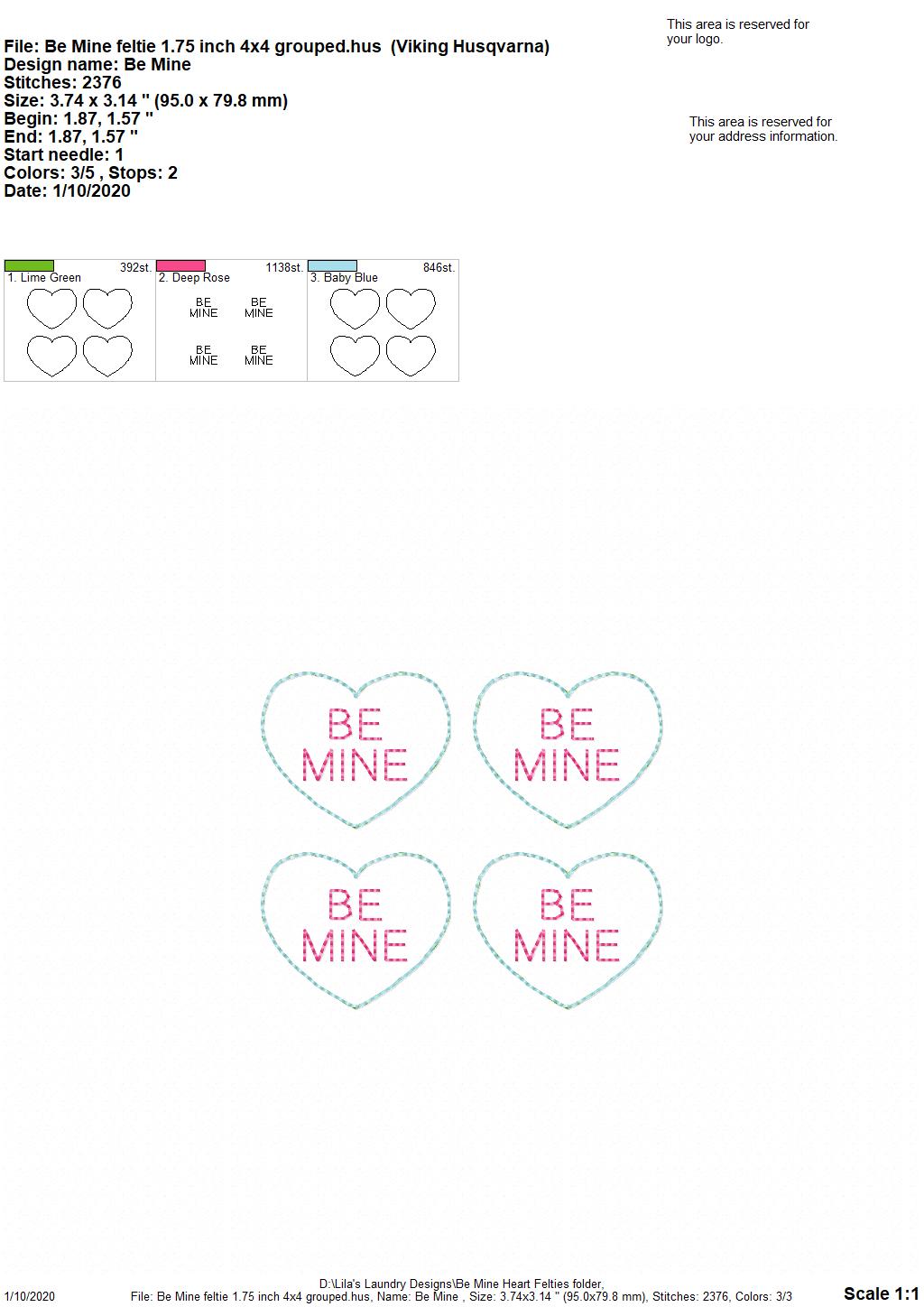 Be Mine Heart Felties - 3 sizes - Digital Embroidery Design