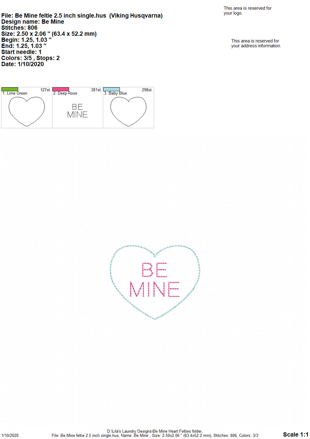 Be Mine Heart Felties - 3 sizes - Digital Embroidery Design